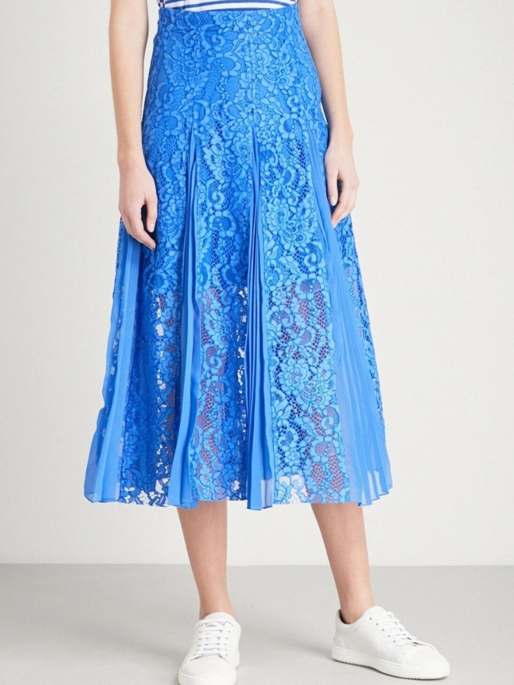 Lace Pleated Midi Skirt in Bright Blue